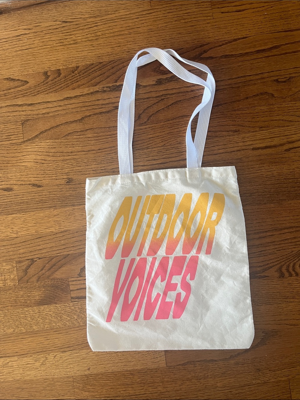 Outdoor Voices White Tote with Yellow-to-Pink Gradient Logo